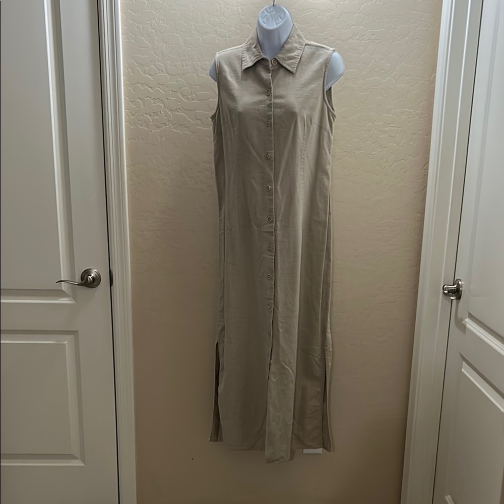 Tan Sleeveless Linen Buttondown Maxi Dress